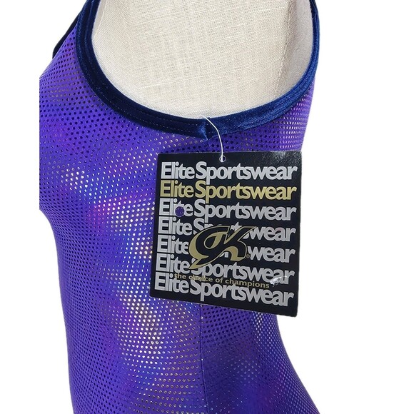 GK Elite VTG Purple Pixelated Swirl Camisole Leotard Velvet Trim Size AM Adult M - Picture 10 of 16